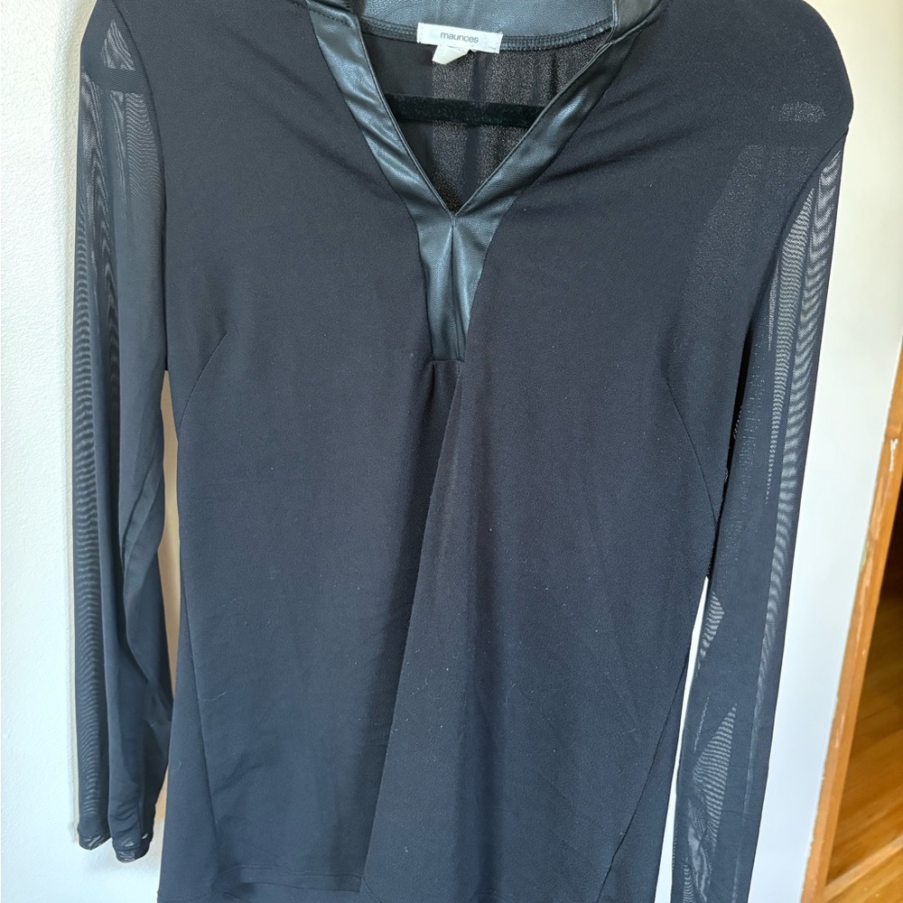 Black Mesh Long Sleeve & Faux Leather Trim Women's Top